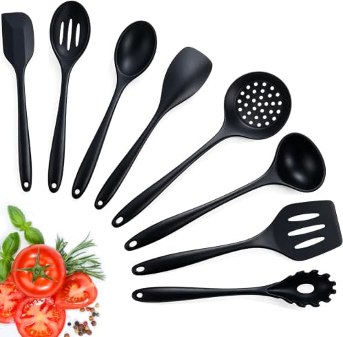 VINATO 8 Pezzi Set di Utensili da Cucina in Silicone, Utensili Cucina Silicone Antiaderente Resistenti al Calore, Senza BPA per Cottura, Adatto Lavastoviglie, Nero