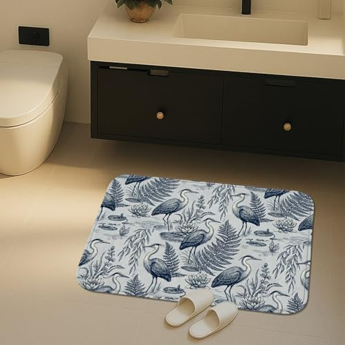 Vintage Botanical Badematte, schnell trocknend, Blaureiher und Farne, saugfähig, rutschfest, dekorativ, waschbar, Badteppiche für Badezimmer, WC, 50,8 x 81,3 cm