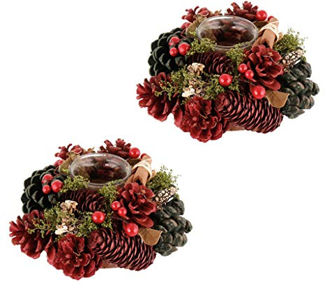 2 Christmas Tea Light Holders Pine Cone Glass Candle Jar Set Winter Dining Table Centrepiece Décor