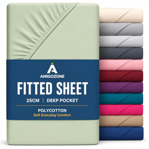 AmigoZone Non Iron Pollycotton Percal Quality Plain Fitted Sheet Or Pillow Cases (4FT Small Double, Mint Green)