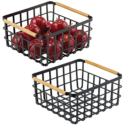 mDesign Allzweckkorb aus Metall – Aufbewahrungskorb für Küche, Vorratskammer etc. – großer und universeller Drahtkorb mit Bambusgriffen – 2er-Set – mattschwarz/bambusfarben