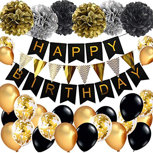 YELYAN YELYAN Geburtstagsdekorationen Schwarzgold und Silber Partydekorationen Jungen Alles Gute zum Geburtstag Dekorationen Banner Latex-Geburtstagsballons, Konfetti-Ballons, Pom-Poms-Blumen und hän