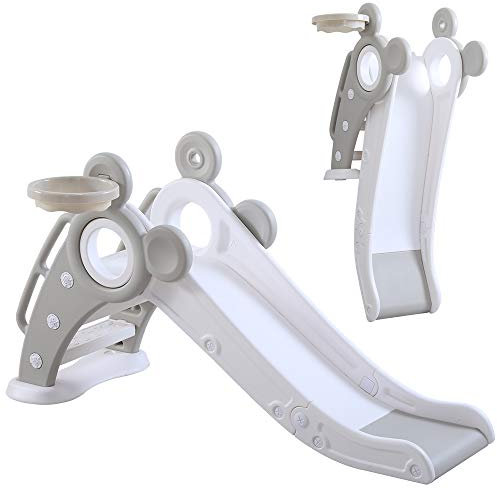 YOLEO Tobogán Infantil Plegable, Tobogán para Niños Exterior y Interior con Canasta de Baloncesto, Multifunción e Seguro, 125 x 33 x 66 cm, hasta 25 kg, Gris