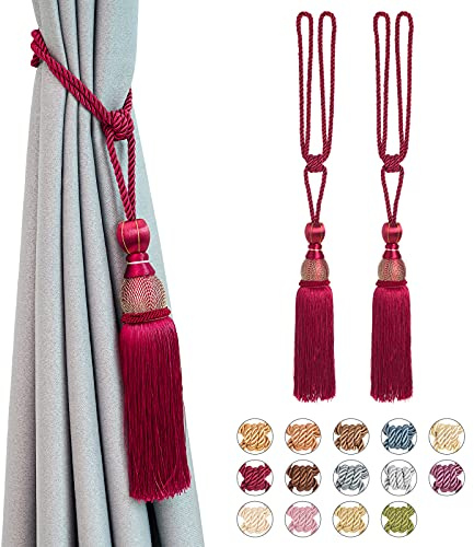 Pretty Jolly Paquete de 2 alzapaños de malla con borlas de bola de cortina de estilo europeo vintage hecho a mano cuerda trenzada decorativa para el hogar y la oficina cortina de ventana (rojo vino)