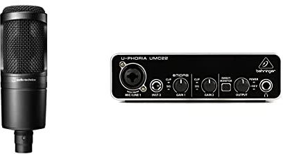 Audio-Technica AT2020 Kondensatormikrofon mit Nierencharakteristik (XLR Anschluss) für Voiceover, Podcasting, Gesang oder instrumentale Live-Aufnahmen & Behringer UMC22 Computer Audio Interface