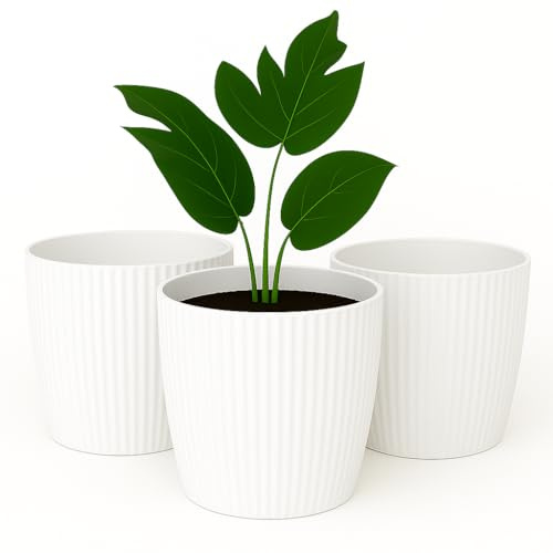 Home Garden Ornaments Small Plant Pots Indoor – Indoor Plant Pot for Home and Garden, Decorative Striped Set of 3 Flower Pots (Diameter 13.5cm, White)