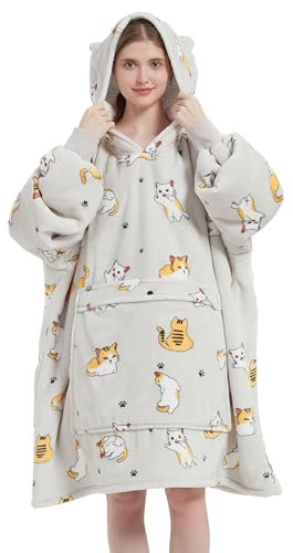 VERTAST Oversized Hoodie Wearable Blanket Sweatshirt for Men Women, Comfortable Sherpa Lining Super Soft Plush Warm Blanket Hoodie Homewear, Grey cat