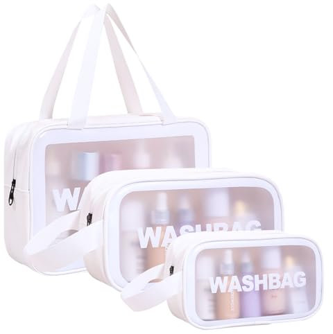 3 Pcs Washbag for Women, Ladies Clear Travel Toiletry Bag, Waterproof Makeup Bag, Cosmetic Organizer for Bathroom, Transparent Bag (White)