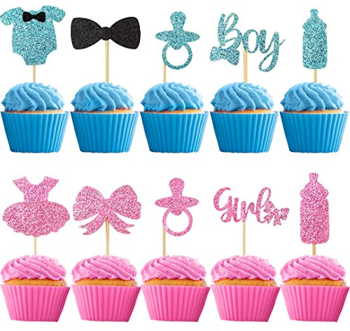 Decorazioni Torta Gender Reveal, 30 Pezzi Cake Topper Boy Girl Decorazione per Torta Rivelazione di Genere, Cupcake Toppers per Ragazzo Ragazza Baby Shower Matrimonio Nascita Compleanno (Rosa Blu)