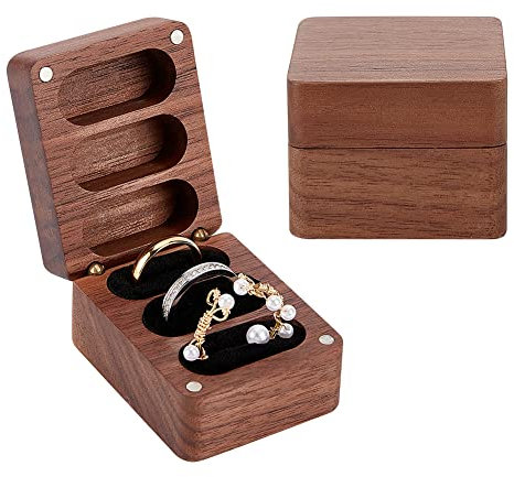 PandaHall Ringbox aus Massivem Holz, 3 Schlitz Ring Box mit Verschlüsse und Schwarzem Samt Stabiler Ringhalter Rechteckige Ringbox aus Holz für Hochzeitszeremonie Verlobung Geburtstag