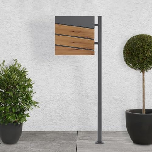 ECD Germany Standbriefkasten mit Zeitungsfach, Design Briefkasten mit Pfosten, Briefkastenanlage, Briefkastenständer Silber aus Edelstahl, Postkasten Anthrazit Holzoptik aus Stahl pulverbechichtet
