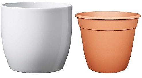 Set - SK Soendgen Keramikübertopf Basel ø24 cm, Weiss glänzend + Pflanztopf ø22, hochwertiges Wohnambiente