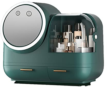 Organizer per trucchi con specchio e LED, scatola per cosmetici, 31 x 31,5, coperchio antipolvere, ventilatore integrato, verde, moderno