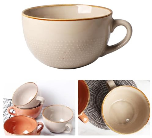 Tazza da Caffè Grande 700 ml in Ceramica Con Manico - Ciotola per Insalata, Cappuccino XXL, Ramen (Kaki)