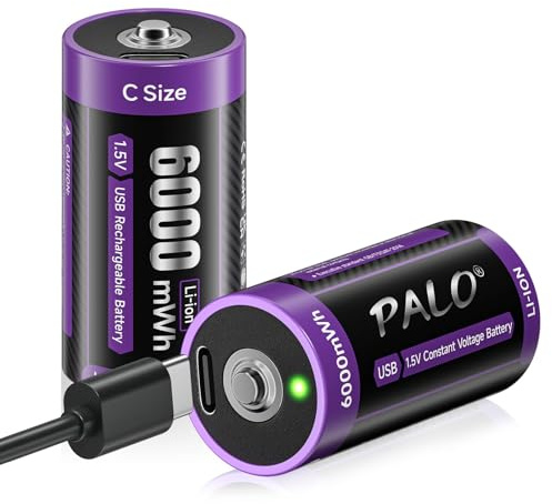 Mspalocell USB-C Lithium C batteries 6000mWh LR14 battery 1.5V fast charge type-C batteries with charging cable, low self-discharge, with charging light, 1500+ cycle, 2 pieces battery