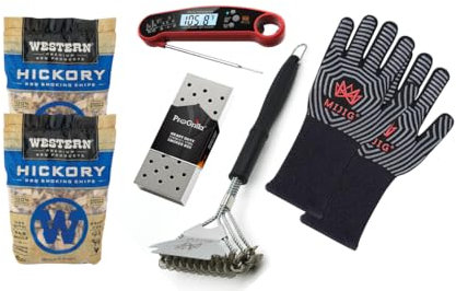 MIJIG Premium BBQ Räucherchips und Grillwerkzeuge Geschenkset - Western Hickory BBQ Räucherchips (2 Beutel) gebündelt mit Smoker Box, Fleischthermometer, Grillhandschuhe und Grillbürste