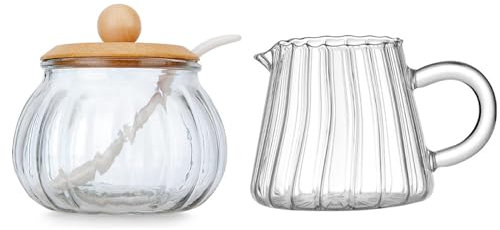 Jarsense Set di zuccheriera e lattiera in vetro, trasparente con coperchio e brocca per panna, brocca per latte, zucchero, caffè, set da portata per casa, latte, caffè