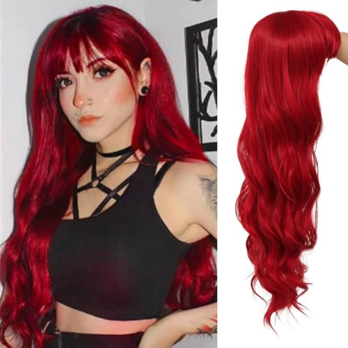 Salaibs Damen Rote Lange Lockige Perücken mit Pony Gewellt Cosplay Synthetische Hitzebeständige Faser Haar Perücke für Halloween Party Gebrauch