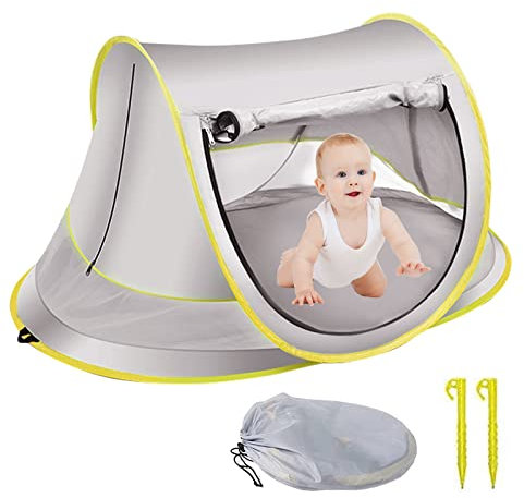 Baby Strandmuschel Pop Up mit UV Schutz UPF 50+ Tragbar Extra Light für Strand, Reisen, Wandern, Camping, Angeln (Grau)