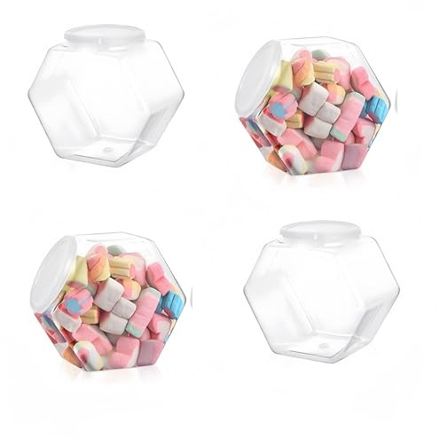 Tarros de caramelos de plástico con tapas, 4 unidades de tarros de caramelos hexagonales, de plástico, con tapa, recipiente para alimentos de boca ancha, recipiente para alimentos reutilizable