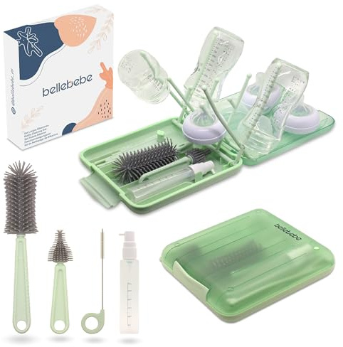 BELLEBEBE - Juego de espárragos para biberón con escurridor y cepillo, sin BPA, plegable y compacto