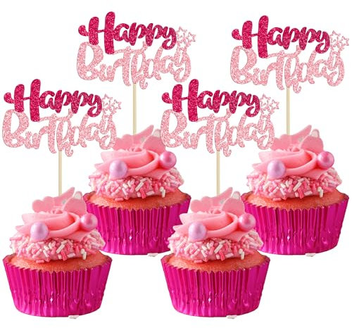 Ephlyn 24Pcs Happy Birthday Cupcake Toppers Double Layer Glitter Happy Birthday Cake Decorations for Celebrating Baby Shower Theme Kids Boys Girls Birthday Anniversary Party Supplies Rose Red Pink
