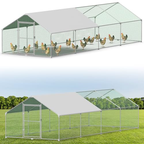 Hühnerstall Freilaufgehege，Verzinkter Stahl Freilaufgehege，Hühnerhaus mit Sicherheitsschloss und Wasserdichtes PE-Farbtuch，Outdoor Geflügelstall für Kaninchen Hühner und weitere Kleintiere，3X8M