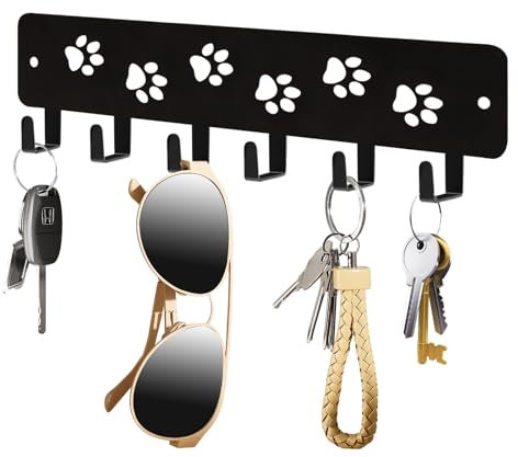 Key Hooks Key Holder Decorative Dog Leash Holder for Wall, 6 Hooks 9.75×2.73 inch for Wall Decorative Animal Storage Rack Adhesive, Black Hooks for Entrance Living Room Kitchen-Gifts for Dog Lovers