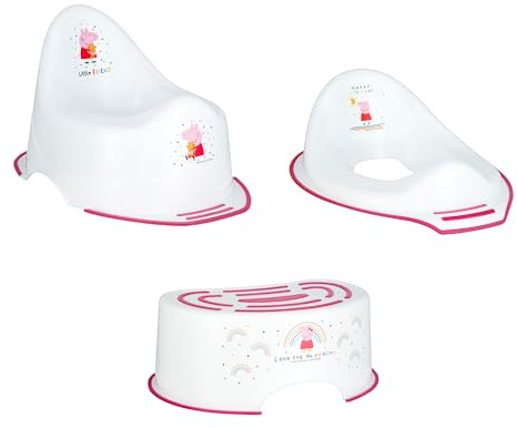 Peppa Pig Pink Potty Training Toilet Seat, Plus Step Stool, Lightweight, Anti-Stick, Wipe Clean Portable Seat 18M+ Toddler Toilet Range 3 Piece Set for Kids