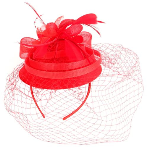 Healeved Fascinator-hut Stirnband Haarspange Für Damen Teeparty Elegantes Netz-stirnband Blumen- -feder Für Hochzeitsbankett Ha9056 Rot