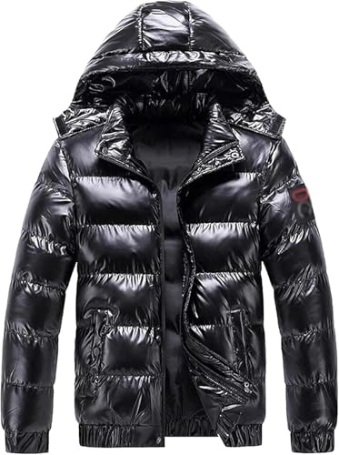 Suncadmious Chaqueta de Invierno con Capucha para Hombre Chaqueta de plumón Acolchada Impermeable con Capucha Brillante para Nieve y Viento Adecuada para Viajes de esquí Chaqueta de plumón (Negro,L)
