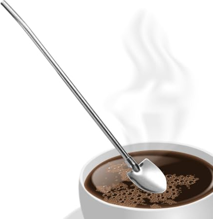 Obesntln Cucchiaio in metallo | Cucchiaio riutilizzabile in acciaio inox a forma di pala per mescolare il caffè | Cucchiaio 2 in 1 con manico in paglia per tè e cocktail party