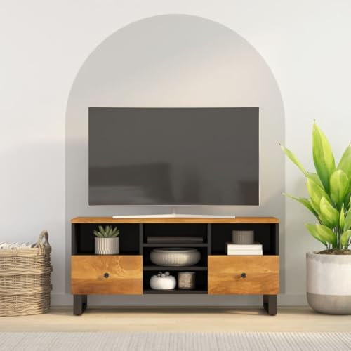 Homgoday TV-Möbel, 100 x 33 x 46 cm, Massivholz, Mangoholz und mehrschichtiges Holz, TV-Schrank, TV-Schrank für Wohnzimmer, industrielle TV-Halterung, Modell 351981