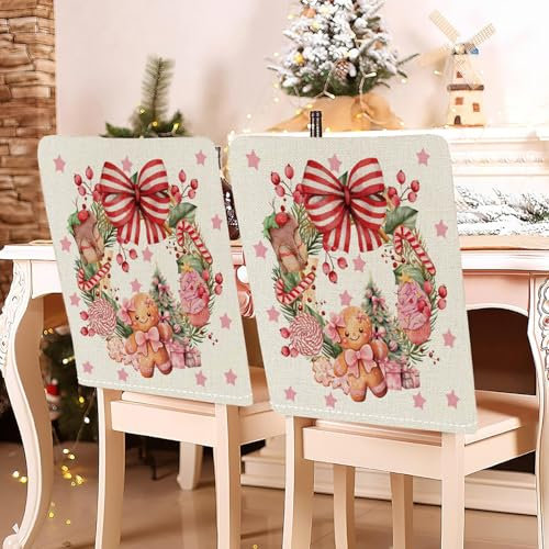 Hiseng Weihnachten Stuhlhussen Weiß Rosa Stuhlrückenbezug 2/4/6/8er Set, 58x49cm Schutzhülle Baumwoll-Leinen Weihnachten Dekoration für Esszimmerstühle, Party (Kranz,8er Set)