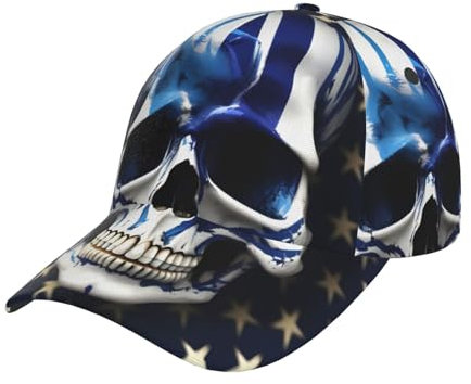 Baseballkappe mit blauen Streifen, Sternen, Totenkopf-Druck, stilvolle Herren- und Damenmütze für Sport, verstellbar, atmungsaktiv, Schwarz, Einheitsgröße