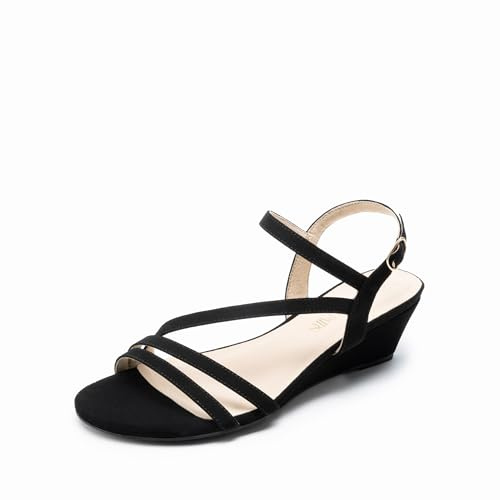 DREAM PAIRS Strappy Wrapped Dressy Wedge Sandals, Comfortable Ankle Strap Open Toe Evening Dress Wedding Dance Summer Shoes,Size 8.5,Black-Nubuck,SDPW2420W
