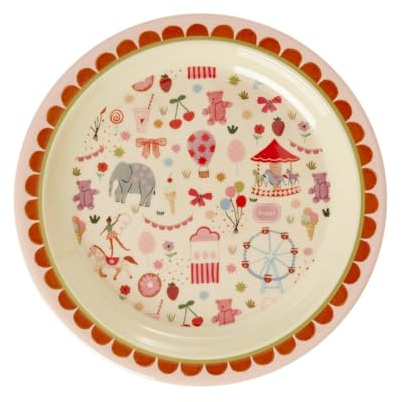 ReWu Rice Melamin Teller Pink - Fun Fair Print - Rund Kinderteller Campinggeschirr Kindergeschirr Bruchfest Speiseteller Kinder Camping Ø 22 cm