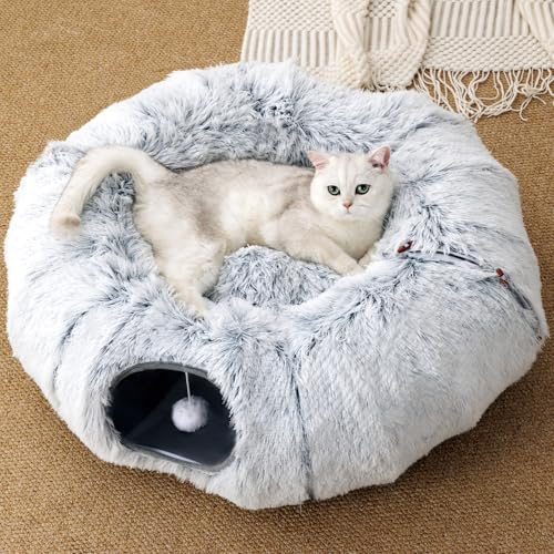FURRYPAWS Katzentunnel XXL 3-in-1 für Katzen – 160cm Tunnel & Katzenbett, Verstellbar (S/C/Rund), Atmungsaktiv, Stabiler Metallrahmen, Klappbar, Ideal für Große Katzen & Kleintiere