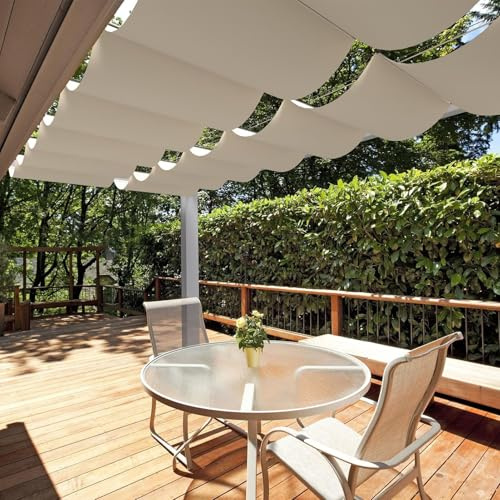 EFGETD Imperméable Voiles d'ombrage Rétractable Vague Coulissante Toile d'ombrage Protection UV Auvent de Protection Solaire avec œillets pour Jardin Pergola Patio Piscine(Beige,1.2x3m(4'x10'))