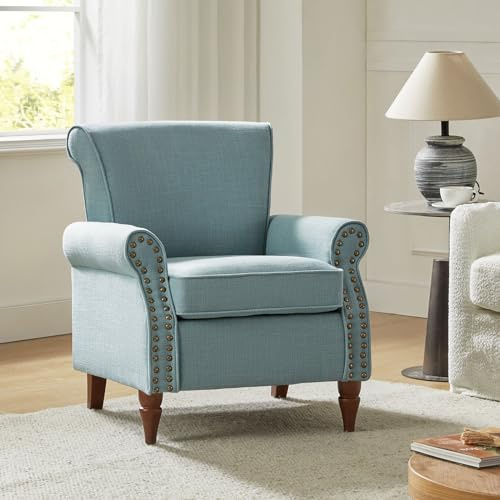 HULALA HOME Comfy Upholstered Accent Chair with Solid Wood Legs & Removable Cushion, Modern Wingback Armchair with Nailhead Trim for Living Room, Blue