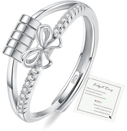 HEEYA Anxiety Ring für Damen Silber 925 Schleifen Angstring mit 5A Zirkonia Verstellbar Anti Stress Ring mit Perlen Spinner Fidget Ringe Frauen Hypoallergen Stimmungsring gegen Stress