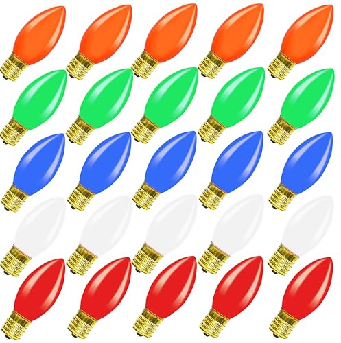 Jasneniebo 25 Pack C9 Christmas Lights Outdoor Replacement Bulbs, C9 Multicolor Ceramic Tree Replacement Bulbs, E17 Intermediate Base 7W Night Light Bulbs for Indoor Outdoor Holiday Decor