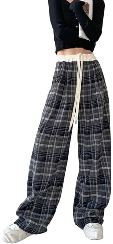 Skateboard Frog Pantalon à Carreaux Femme Y2K Goth - Coupe Lâche-Baggy Jambe Large Haute Taille à Cordon de Serrage & Motif Color-Block Cargo Pants