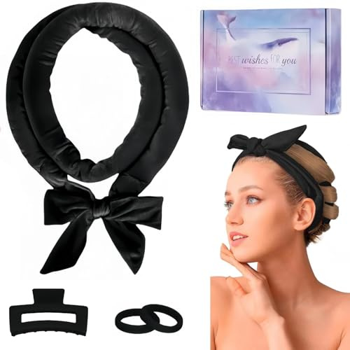 Lockenwickler Über Nacht, Wefaly Heatless Curls Samt Rutschfest Lockenband Haarband Locken Ohne Hitze mit Haarnadel DIY Hair Curler Rollers für Langes Mittleres Haar (Schwarz)
