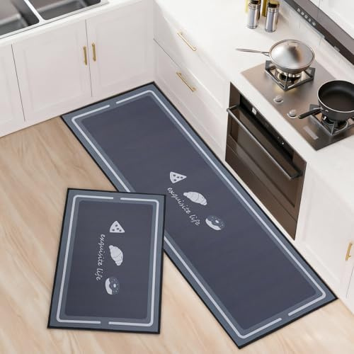 OPLERT Juego de 2 alfombras y tapetes para Cocina, Antideslizantes, Lavables, absorbentes, para Cocina, lavandería y pasillos,Gris,43x75+43x150cm