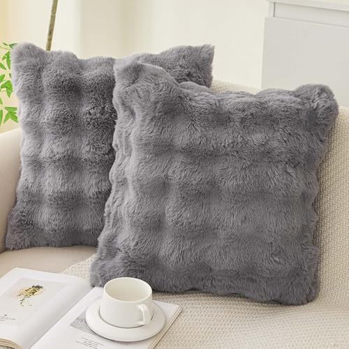 LiveGo Pack of 2 Thick Plush Wool Cushion Covers 45x45cm, Soft Fuzzy Faux Rabbit Fur Cushion Covers Raised Texture, Neutral Boho Home Decor for Couch Bed Living Room (2-Dark Gray)