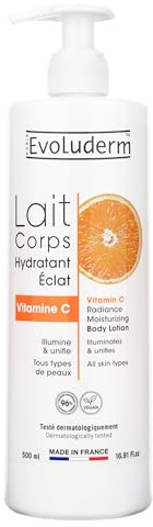 EVOLUDERM - Körpermilch, feuchtigkeitsspendend, strahlend, Vitamin C – 500 ml – 96 % natürliche Inhaltsstoffe – vegan