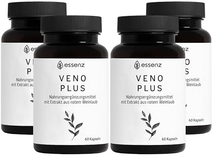 ESSENZ – Veno Plus 4 x 60 Kapseln – Nahrungsergänzungsmittel mit pflanzlichen Extrakten (Rotes Weinlaub, Steinklee, Hamamelis, Tigerkraut, Traubenkern) – vegan & glutenfrei, made in Germany