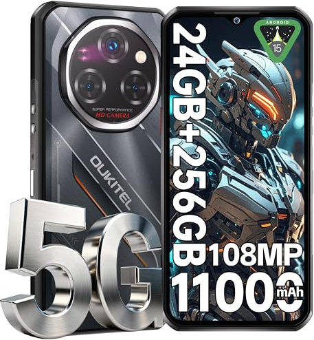 OUKITEL WP62 Rugged Smartphone 5G - Android15 Rugged phone, 24GB RAM+256GB ROM+2TB,108MP Camera,11000mAh Battery,120Hz + 6.6 Night Vision Sim-free&Unlocked Mobile Phones,NFC,OTG,GPS,Black