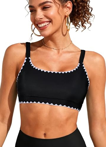 2026 Fashion Sports Swim Bra Classic Bikini Tops for Women Bathing Suits Top with Padded Crop Swimsuit Black Trim L